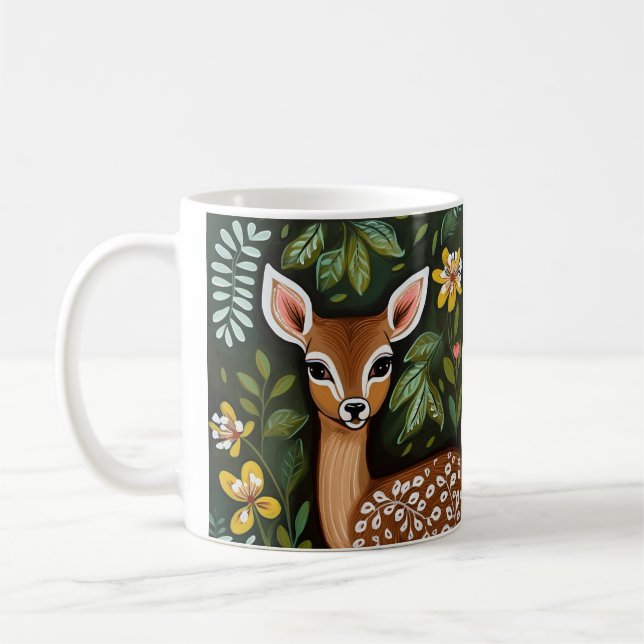 Cute Deer in Leaves and Flowers Coffee Mug (Left)