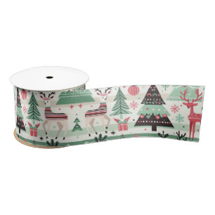 Cute Deer in Scarf with Christmas Trees Satin Ribbon
