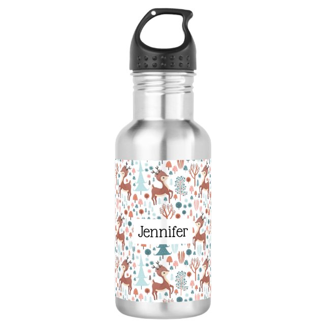 Cute Deer in Whimsical Forest Pattern 710 Ml Water Bottle (Front)