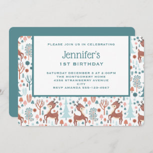 Cute Deer in Whimsical Forest Pattern Birthday Invitation