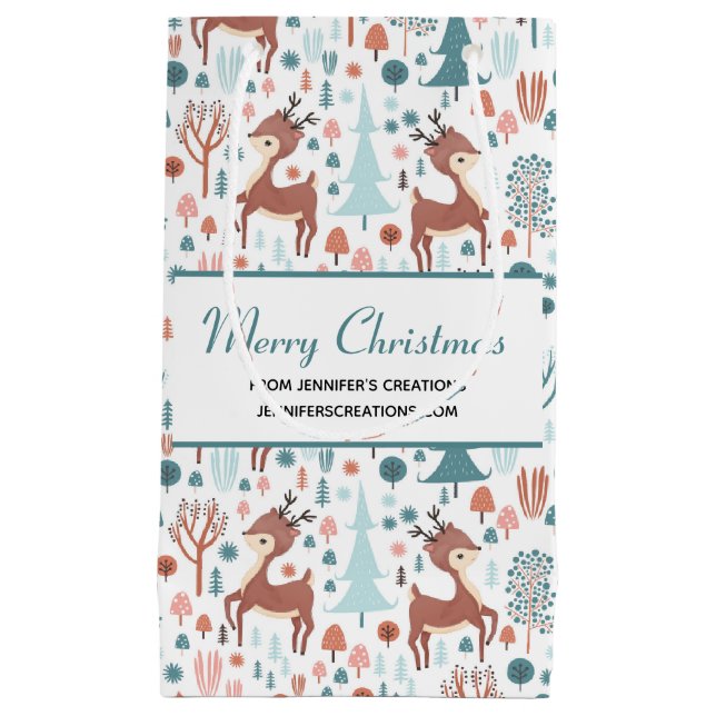 Cute Deer in Whimsical Forest Pattern Business Small Gift Bag (Front)