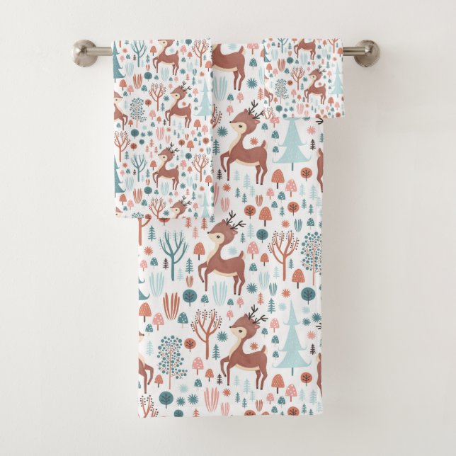 Cute Deer in Whimsical Forest Pattern Christmas Bath Towel Set (Insitu)