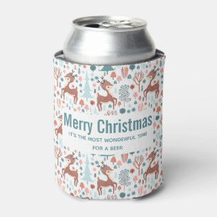 Cute Deer in Whimsical Forest Pattern Christmas Can Cooler