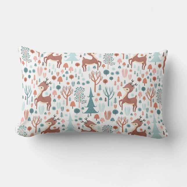 Cute Deer in Whimsical Forest Pattern Christmas Lumbar Cushion (Front)