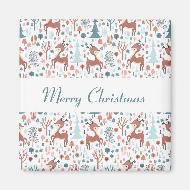 Cute Deer in Whimsical Forest Pattern Christmas Magnet (Front)
