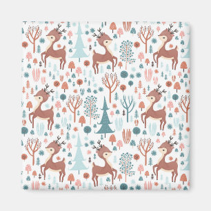 Cute Deer in Whimsical Forest Pattern Christmas Magnet