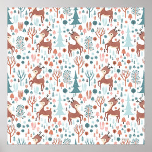 Cute Deer in Whimsical Forest Pattern Christmas Poster