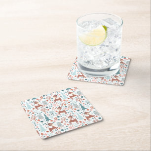 Cute Deer in Whimsical Forest Pattern Christmas Square Paper Coaster