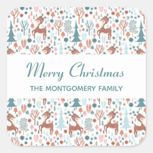 Cute Deer in Whimsical Forest Pattern Christmas Square Sticker
