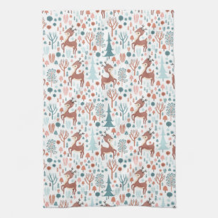 Cute Deer in Whimsical Forest Pattern Christmas Tea Towel