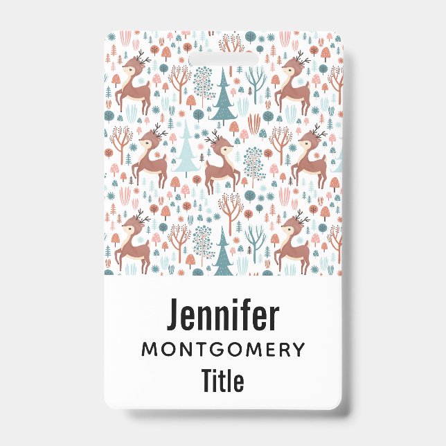 Cute Deer in Whimsical Forest Pattern ID Badge (Front)