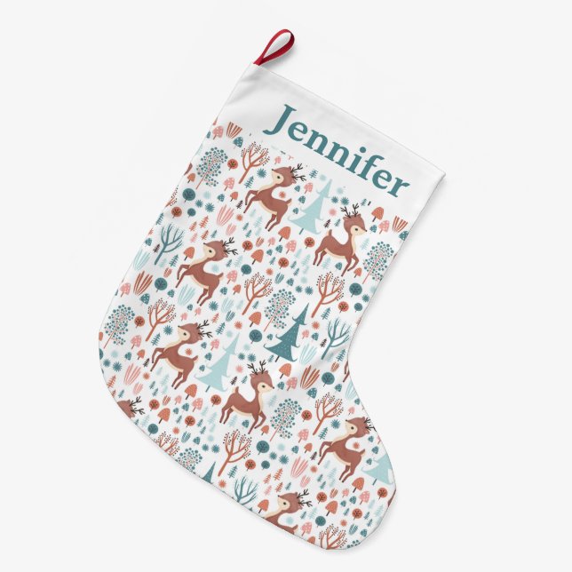 Cute Deer in Whimsical Forest Pattern Large Christmas Stocking (Front (Hanging))