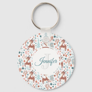 Cute Deer in Whimsical Forest Pattern Monogram Key Ring