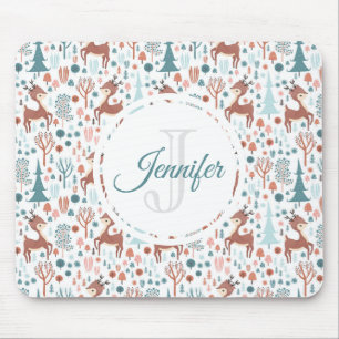 Cute Deer in Whimsical Forest Pattern Monogram Mouse Mat