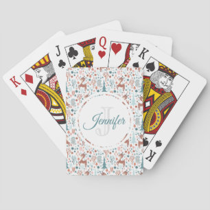 Cute Deer in Whimsical Forest Pattern Monogram Playing Cards