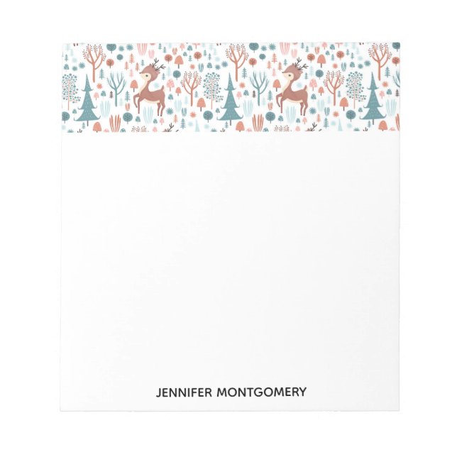 Cute Deer in Whimsical Forest Pattern Notepad (Front)