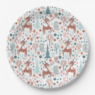 Cute Deer in Whimsical Forest Pattern Paper Plate