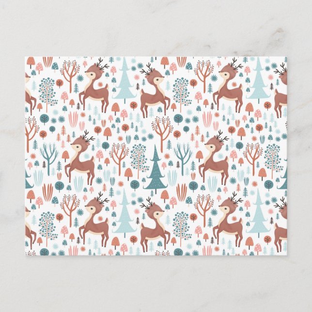 Cute Deer in Whimsical Forest Pattern Postcard (Front)