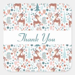 Cute Deer in Whimsical Forest Pattern Thank You Square Sticker