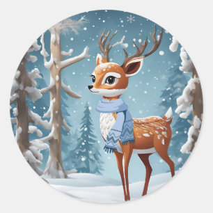 Cute Deer in Winter Woodlands Christmas Classic Round Sticker