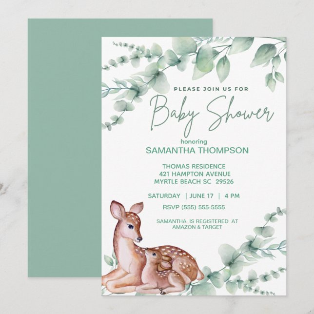   Cute Deer Mum Fawn  Greenery  Boys Baby Shower  Invitation (Front/Back)