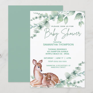 Cute Deer Mum Fawn Greenery Boys Baby Shower Invitation