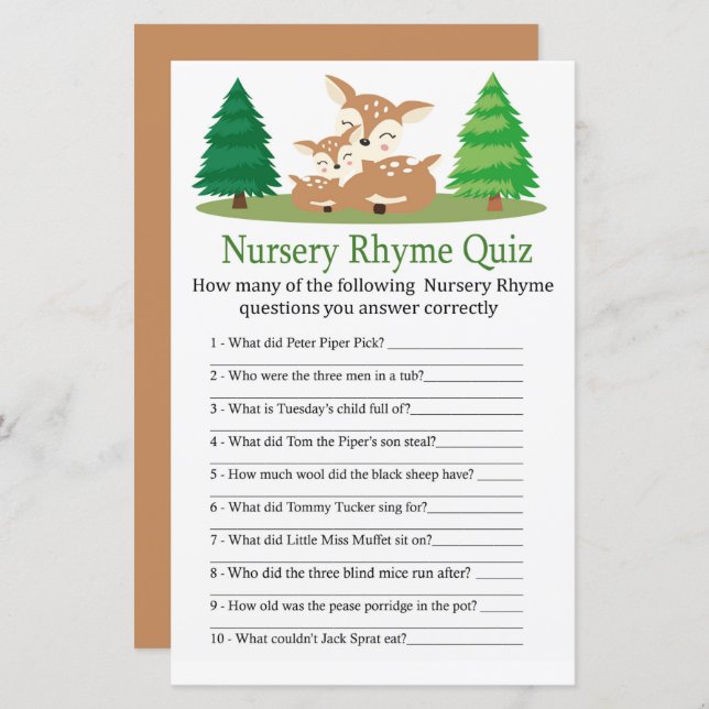 Cute Deer Nursery Rhyme Quiz baby shower game (Front/Back)