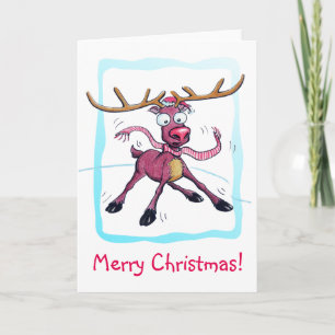 Cute Deer on ice Funny Christmas holidays Cartoon Holiday Card