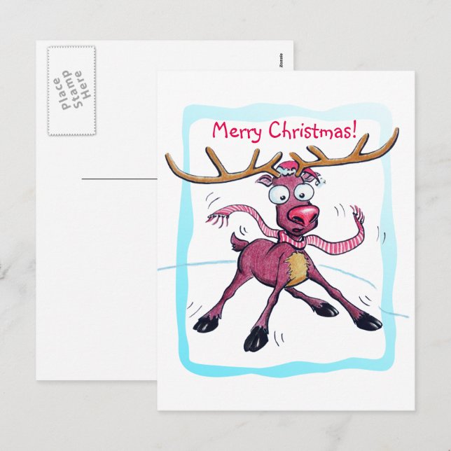 Cute Deer on ice Funny Christmas holidays Cartoon Holiday Postcard (Front/Back)