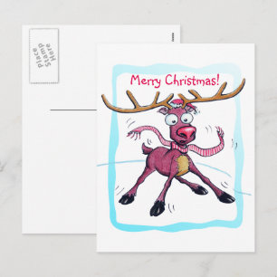 Cute Deer on ice Funny Christmas holidays Cartoon Holiday Postcard