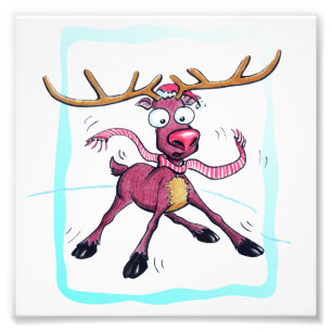 Cute Deer on ice Funny Christmas holidays Cartoon Photo Print