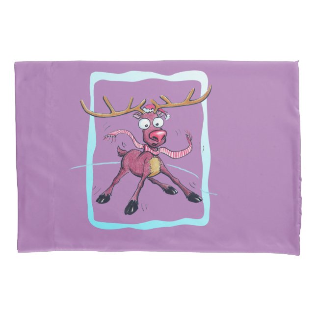 Cute Deer on ice Funny Christmas holidays Cartoon Pillowcase (Front)