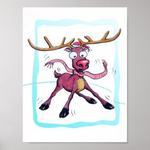 Cute Deer on ice Funny Christmas holidays Cartoon Poster