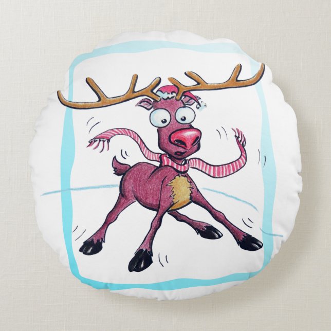 Cute Deer on ice Funny Christmas holidays Cartoon Round Cushion (Front)