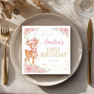 Cute Deer Onedeerful Pink Floral Winter Birthday Napkin
