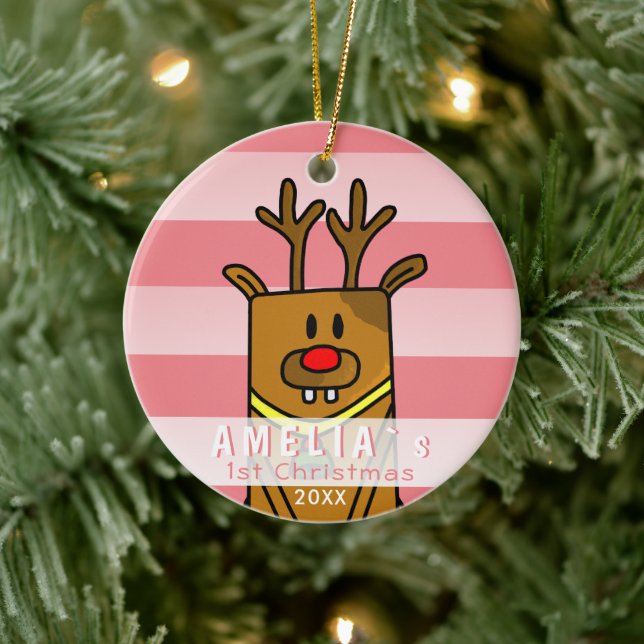 Cute Deer Pink Baby`s First Christmas Ceramic Tree Decoration (Tree)