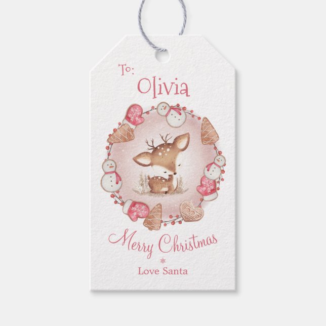 Cute Deer Pink Christmas Gift Tag (Front)