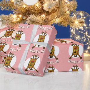 Cute Deer Pink Christmas Kid`s Name  Wrapping Paper