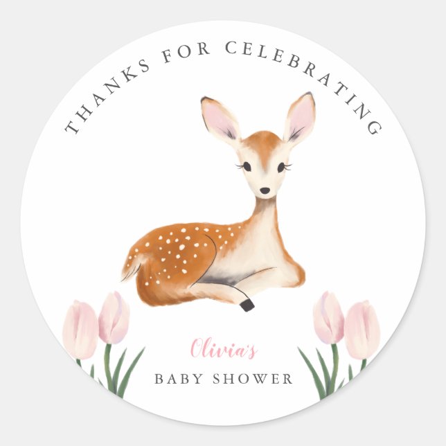 Cute Deer Pink Floral Baby Shower Classic Round Sticker (Front)