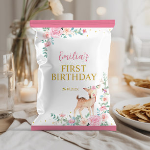 Cute Deer Pink Floral Birthday Chip Bag Wrapper