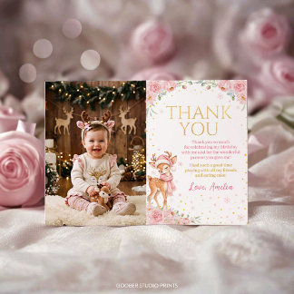 Cute Deer Pink Floral Winter Birthday Photo Thank You Card