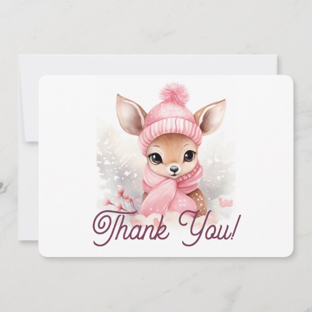 Cute Deer Pink Hat Scarf Winter Wonderland Baby  Thank You Card (Front)