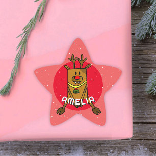 Cute Deer Red Christmas Kid`s Name  Star Sticker