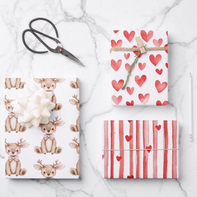 Cute Deer Red Hearts Christmas   Wrapping Paper Sheet (Front)