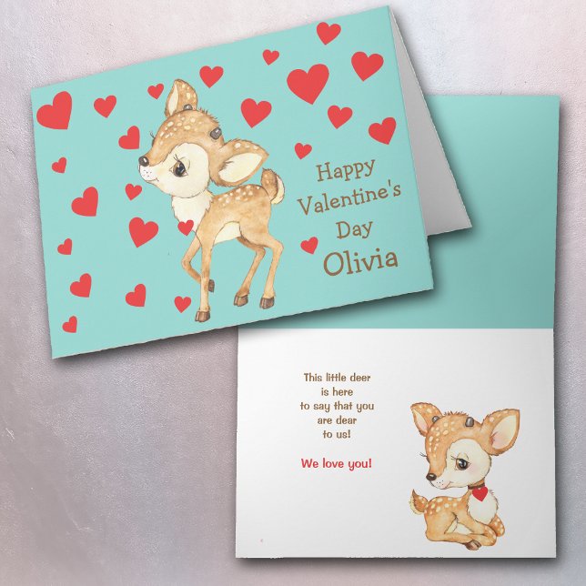 Cute Deer Red Hearts Kids Valentine Holiday Card (Creator Uploaded)