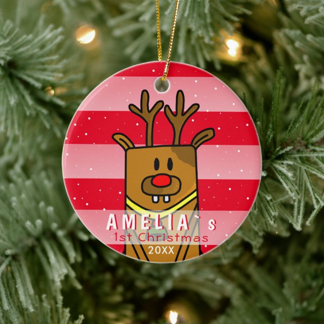 Cute Deer Red Pink Baby`s First Christmas Ceramic Tree Decoration (Tree)