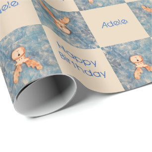 Cute Deer Reindeer Blue Happy Birthday Kids Wrapping Paper