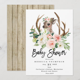 cute deer rustic floral modern baby shower invitation