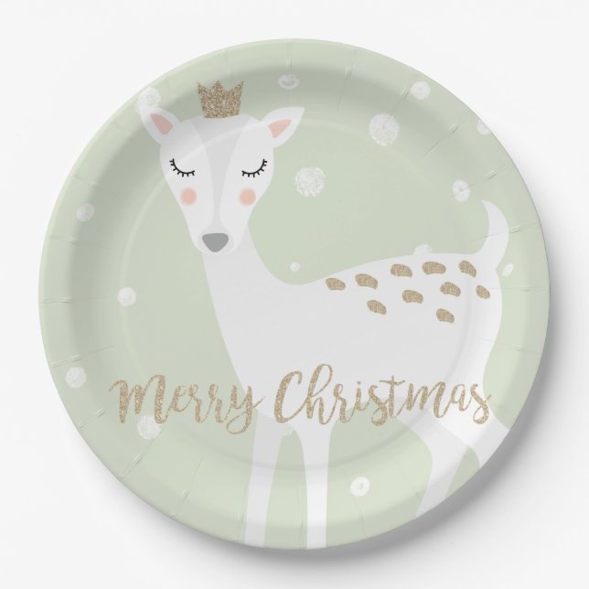 Cute Deer | Sage Green | Christmas Paper Plate (Front)