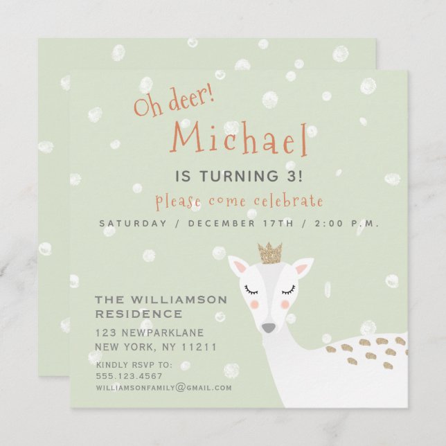 Cute Deer | Sage Green Kids Winter Birthday Invitation (Front/Back)